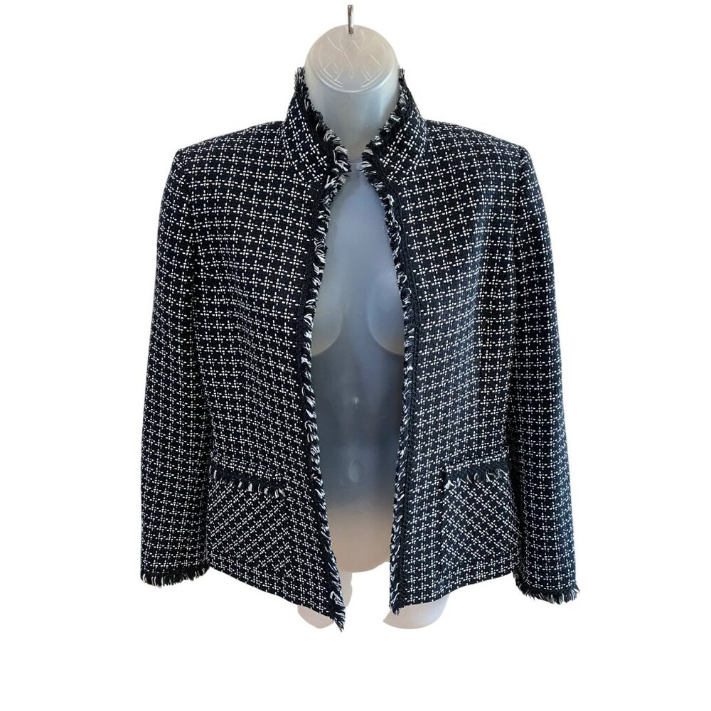 Tahari Arthur S. Levine Petite Open Front Tweed Jacket With Frayed Edges Black/W